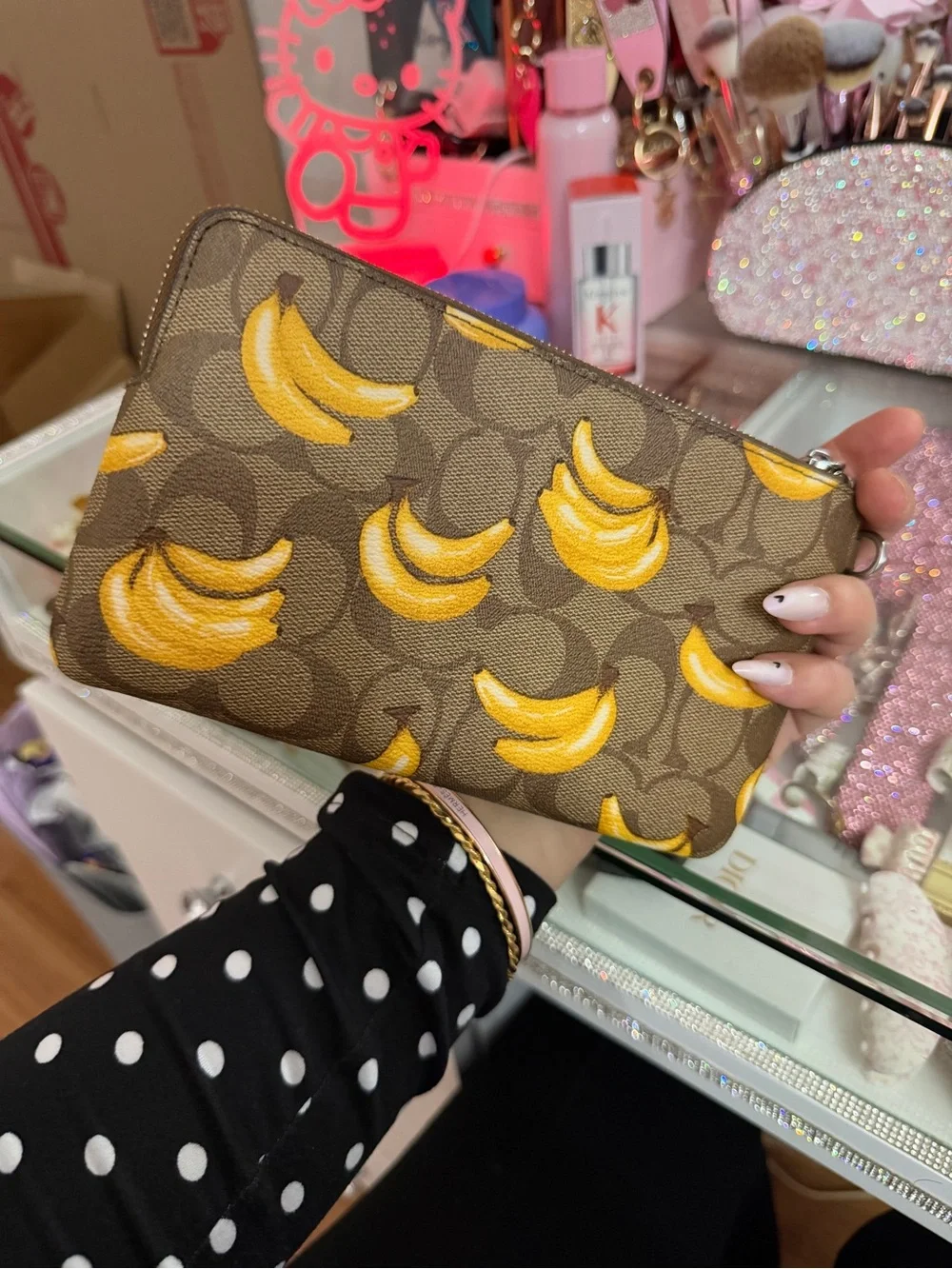 New.Coach Brown Signature Canvas Wristlet with Yellow Banana Print